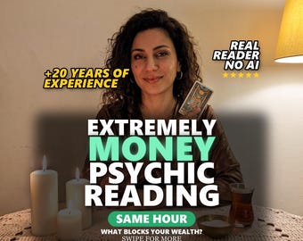 May include: A person holding a tarot card with text overlays reading +20 YEARS OF EXPERIENCE, REAL READER NO AI, EXTREMELY MONEY PSYCHIC READING, SAME HOUR, WHAT BLOCKS YOUR WEALTH? SWIPE FOR MORE. Three white candles and a glass of tea are present.