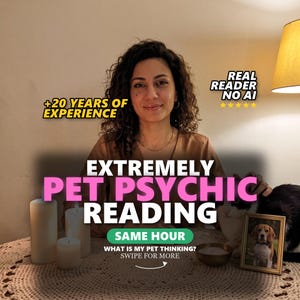 May include: A digital advertisement for a pet psychic reading service featuring text that reads: +20 YEARS OF EXPERIENCE, REAL READER NO AI, EXTREMELY PET PSYCHIC READING, SAME HOUR, WHAT IS MY PET THINKING? SWIPE FOR MORE, and a framed photo of a beagle.