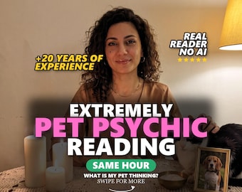 May include: A digital advertisement for a pet psychic reading service featuring text that reads: +20 YEARS OF EXPERIENCE, REAL READER NO AI, EXTREMELY PET PSYCHIC READING, SAME HOUR, WHAT IS MY PET THINKING? SWIPE FOR MORE, and a framed photo of a beagle.