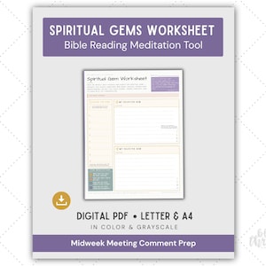 以下が含まれることがあります： PDF形式のデジタルSpiritual Gems Worksheet Bible Reading Meditation Tool。このドキュメントには、読書、選択した宝石、瞑想のためのセクションがあり、英語のテキストが含まれています。レターサイズとA4サイズで利用可能です。