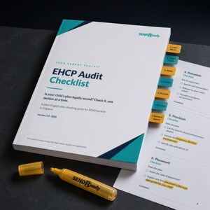 May include: A white EHCP Audit Checklist toolkit with teal and dark blue accents. The cover features the text SENDReady, EHCP Audit Checklist, and Version 1.0-2026. A yellow highlighter with the SENDReady logo lies next to the open document.