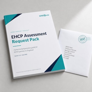 May include: A white booklet titled EHCP Assessment Request Pack with teal and dark blue geometric accents, accompanied by a matching white envelope addressed to the SEND Team at Children's Services, Borough Council, Civic Centre, 123 Council Road.