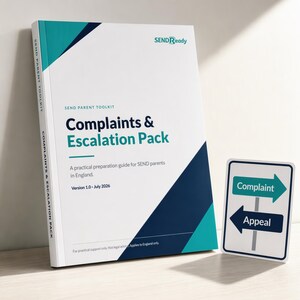 May include: A white booklet titled SEND Parent Toolkit Complaints & Escalation Pack with teal and navy blue geometric accents. The cover includes text about a practical preparation guide for SEND parents in England, version 1.0, July 2026.