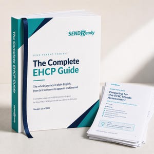 May include: A white hardcover book titled The Complete EHCP Guide with teal and dark blue accents, featuring a dark blue ribbon bookmark. Beside it lies a stack of white paper documents titled Preparing for the EHC Needs Assessment by SENDReady.