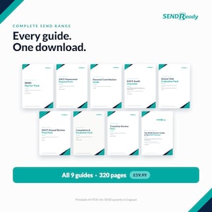 May include: A collection of nine digital document guides titled SEND Ready, including the SEND Starter Pack, EHCP Assessment Request Pack, Parental Contribution Guide, EHCP Audit Checklist, School Visit Evaluation Pack, EHCP Annual Review Prep Pack, Complaints & Escalation Pack, Transition Review Pack, and The SEND Parent's Guide to the EHCP System, totaling 320 pages.