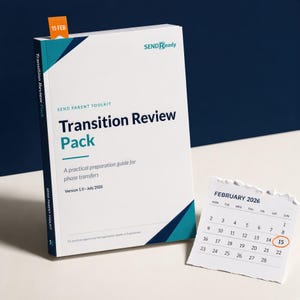 May include: A white and teal Transition Review Pack book with an orange 15 FEB tab, featuring the text SENDReady, Transition Review Pack, A practical preparation guide for phase transfers, Version 1.0 July 2026, and a February 2026 calendar page.