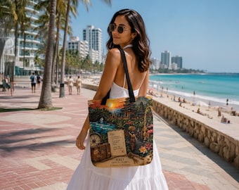 Bali Tote Bag, Bali Travel Bag, Indonesia Market Tote, Tropical Beach Bag, Vintage Bali Art Tote, Vacation Gift for Travelers
