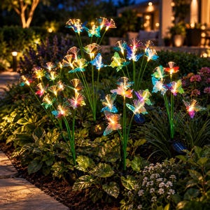 May include: A collection of solar-powered garden lights shaped like butterflies, featuring translucent wings in various colors including blue, pink, and yellow. Each butterfly is mounted on a thin green stake with fiber optic filaments that emit a glowing light.