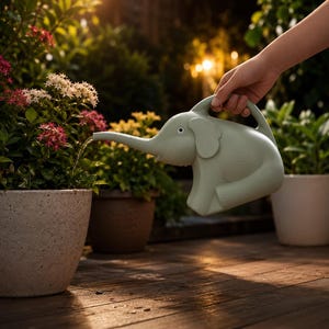 Puede incluir: Una regadera de plástico de color verde salvia claro con forma de elefante. La trompa del elefante sirve como boquilla, extendiéndose hacia una planta en maceta con pequeñas flores rosas y blancas. El asa está integrada en el lomo del elefante.