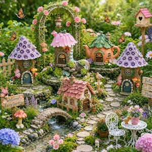 May include: A miniature fairy garden scene featuring two purple-roofed mushroom houses, a pink flower-shaped house, a teapot-shaped house, a small cottage, a stone bridge over a stream, a white bistro set, and signs reading Welcome Fairy Garden and Believe in Magic.