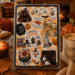 May include: A tablet case featuring a collage of Halloween-themed stickers including ghosts reading books, skeletons, pumpkins, a tombstone, and text that reads Booky Season, Currently Haunted By My TBR, and Keep The Candy I'll Take Books.