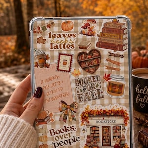 May include: A clear tablet case featuring a beige and white gingham background covered in autumn-themed stickers including a stack of books, a heart-shaped bookshelf, a pumpkin spice latte, a candle, a bow, and text reading leaves books lattes.