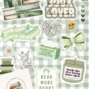 May include: A sticker sheet featuring various green-themed illustrations including stacks of books, a lightbulb with flowers, a bow, a butterfly, and text elements like 'book lover', 'just one more chapter', and 'smells like she's buying books again'.