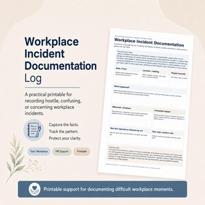 May include: A Workplace Incident Documentation Log printable featuring a structured form with sections for date, time, location, people involved, incident description, witnesses, evidence, impact, and follow-up steps, with text headers and instructional notes.