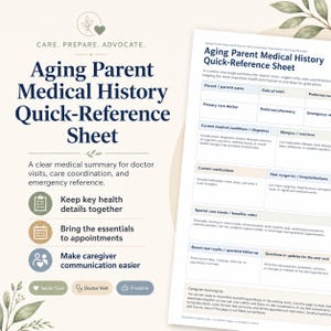 May include: An Aging Parent Medical History Quick-Reference Sheet printable document. The page features sections for patient information, medical conditions, allergies, medications, surgeries, care needs, test results, and questions for doctor visits.
