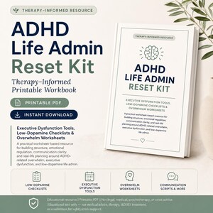 Könnte beinhalten: Ein druckbares Arbeitsbuch mit dem Titel ADHD Life Admin Reset Kit, das Werkzeuge für exekutive Dysfunktion, Checklisten für niedrigen Dopaminspiegel und Arbeitsblätter enthält. Das Cover zeigt ein Gehirnsymbol, Text und ein Herzsymbol.