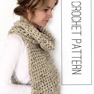 May include: A woman wearing a beige crocheted cowl neck vest. The vest is made with a textured stitch and has a loose, drapey fit. The text "CROCHET PATTERN" is visible in the image.