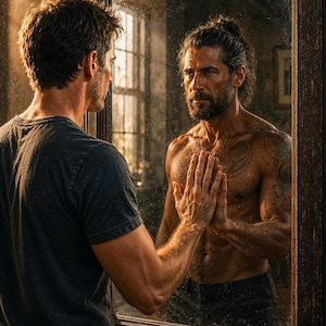 May include: A rectangular mirror with a dark, weathered wooden frame reflecting a person with dark hair and a beard. The person is wearing a dark gray t-shirt and has a tattoo on their shoulder, with their hand pressed against the glass surface.