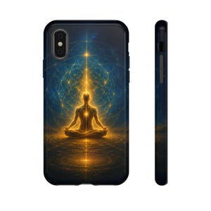 May include: A smartphone case featuring a dark blue background with a glowing golden silhouette of a person in a seated meditation pose. The design includes intricate golden geometric lines and light patterns radiating from the central figure.