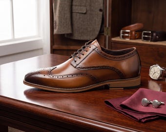 Men's Full-Grain Leather Oxford Dress Shoes with Brogue Perforations – Classic Style, All-Day Comfort