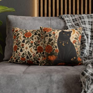 Kussensloop met ketting van zwarte kat en maan | Vierkante kussensloop van gesponnen polyester