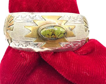 Vintage RJ Sterling Silver Cuff Bracelet, Kokopelli Southwestern Turquoise, 12K GF