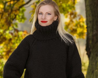 Black wool sweater hand knitted thick pullover by SuperTanya