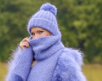 Mohair scarf and hat in light blue hand knitted set by SuperTanya