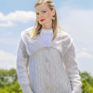 Boutique handgestrickte Sommer-Mohair cardigan, Fuzzy White Mohair Pullover Mantel von SuperTanya