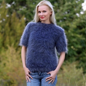 Pluizige mohair trui met korte mouwen, handgebreide trui met ronde hals en ronde hals van SuperTanya MADE TO ORDER