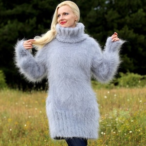 Supertanya Gray Mohair Dress Sweater Tunic Hand Knitted Fluffy - Etsy