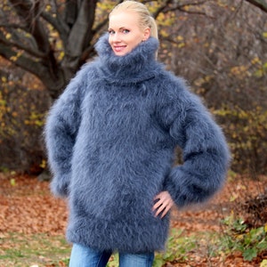Thick fuzzy mohair sweater hand knitted pullover turtleneck jumper by SuperTanya