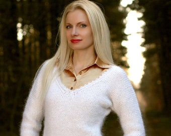 Handmade white mohair sweater elegant V neck fuzzy mohair pullover, Ready to wear, size S-M