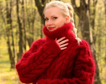 Handmade cable knit red mohair sweater by SuperTanya