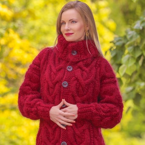 Handmade red cardigan cable knit designer mohair coat, bespoke coatigan, SuperTanya premium knitwear, made to order