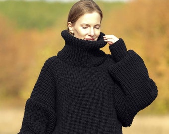 Black thick wool sweater ribbed oversized turtleneck pullover by SuperTanya