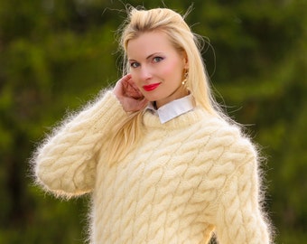 Custom made thick white pullober hand knitted mohair sweater with cables in ivory by SuperTanya