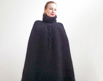 Fuzzy black mohair cowlneck scarf sweater wrap hand knitted poncho by SuperTanya