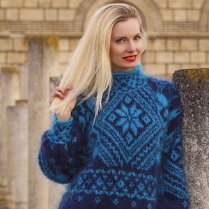 Unique elegant Norwegian sweater hand knitted designer mohair pullover by SuperTanya