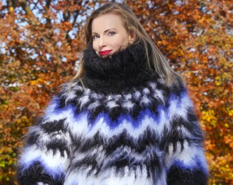 Mega thick fuzzy Nordic sweater hand knit Icelandic mohair sweater, unisex handgestrickte pullover in black by SuperTanya