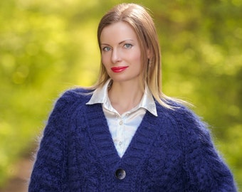 Blue mohair cardigan cable knit sweater hand knitted jacket by SuperTanya