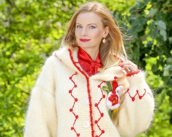 Boutique ivory sweater coat hand knitted mohair cardigan, fuzzy coat with flowers embroidery by SuperTanya