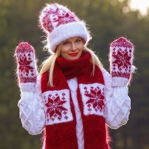 Hand knitted red hat scarf mittens mohair Christmas set by SuperTanya