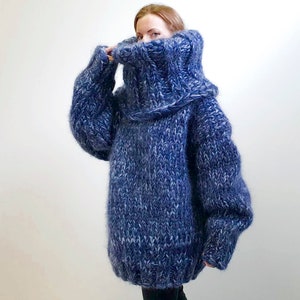 Mega thick mohair sweater blue grey hand knit pullover turtleneck jumper by SuperTanya