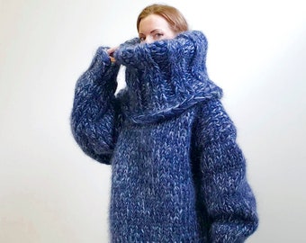 Mega thick mohair sweater blue grey hand knit pullover turtleneck jumper by SuperTanya