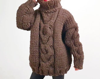 Thick brown natural wool cable knit sweater mega thick heavy pullover SuperTanya