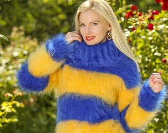 Blue yellow striped turtleneck mohair sweater by SuperTanya