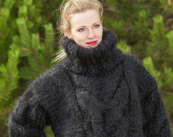 Fuzzy black mohair sweater extra thick handmade pullover by SuperTanya