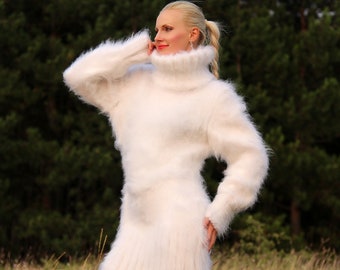 Thick fuzzy mohair sweater dress hand knitted turtleneck fuzzy sweaterdress tunic by SuperTanya