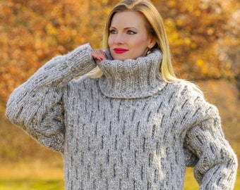 メガ厚いと重い手ニットモヘアウールセーターグレー, ケーブルニット